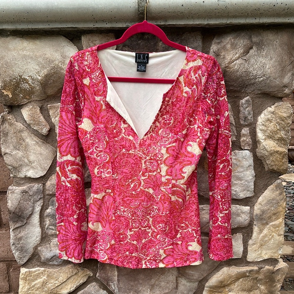 INC Lace Top V-neck Bell Sleeves Pink Paisley Fairy Boho Y2K Size Small - Picture 9 of 9